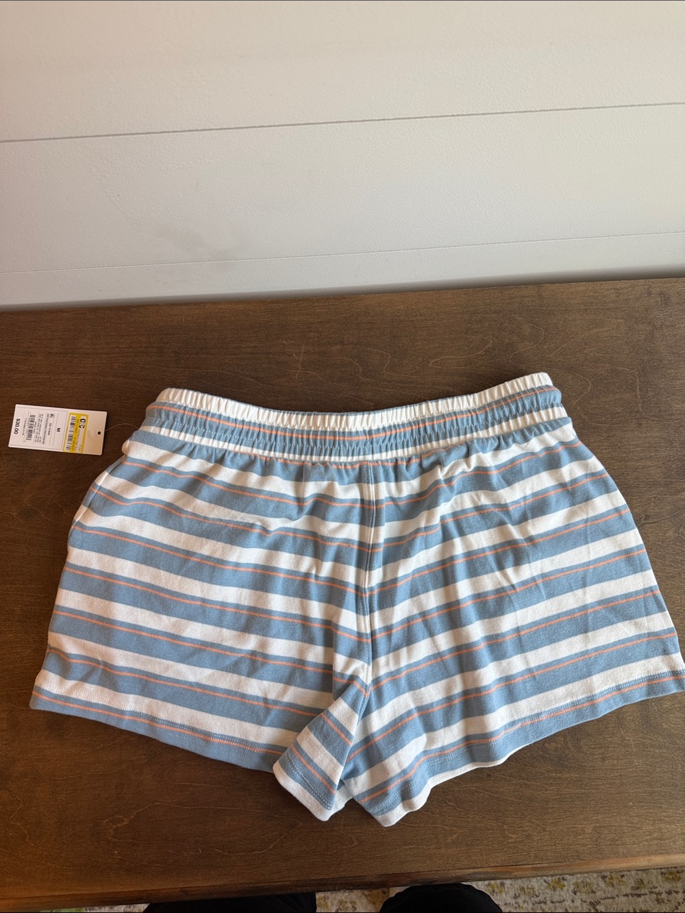Striped Blue & White Drawstring Women's Shorts with Peach Accent - Picture 4 of 5